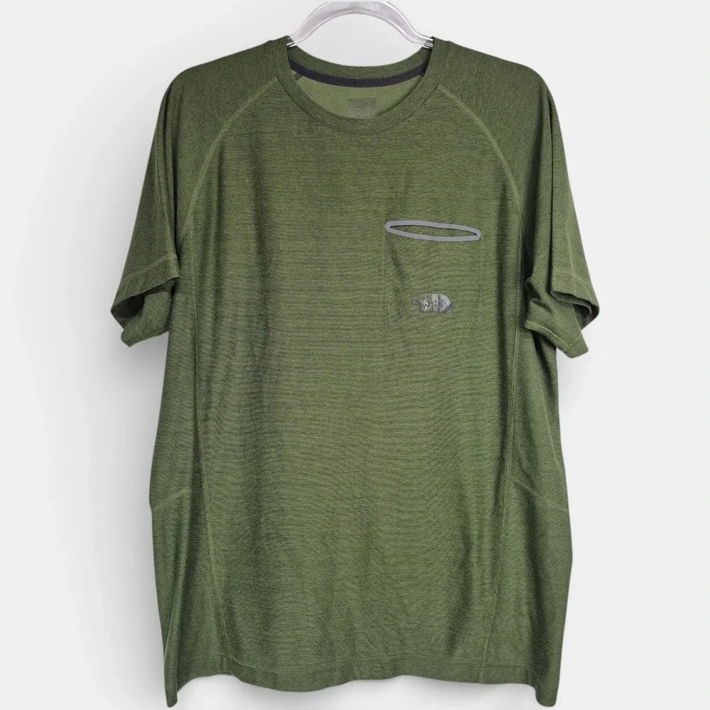 The North Face Mens L FlashDry Pocket T-Shirt Olive Green Heathered Raglan Tee